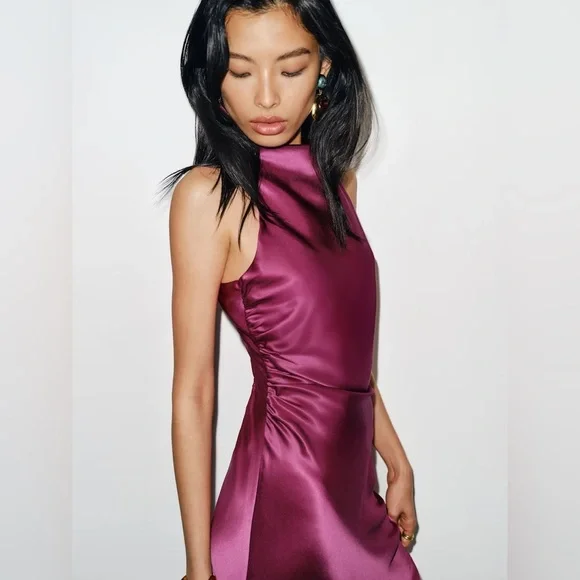 NEW Reformation Anaiis Long Silk Dress Hibiscus Tea Dark Pink Magenta | US 2 UK6 - Picture 7 of 16